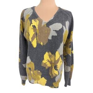 LOFT Floral V-Neck Sweater S Gray Yellow
